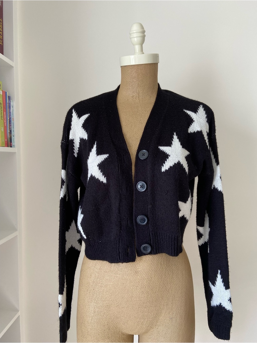 Kids Black Star-Print Button Front Sweater Cardigan
